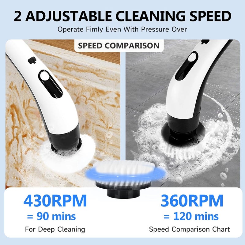 PENOMO Electric Spin Scrubber, Cordless Waterproof Cleaning Brush with 8 Replaceable Brush Heads - 120Mins Work Time Adjustable Long Handle 2 Speeds 360 Power Scrubber for Bathroom Shower Kitchen Car - Image 3